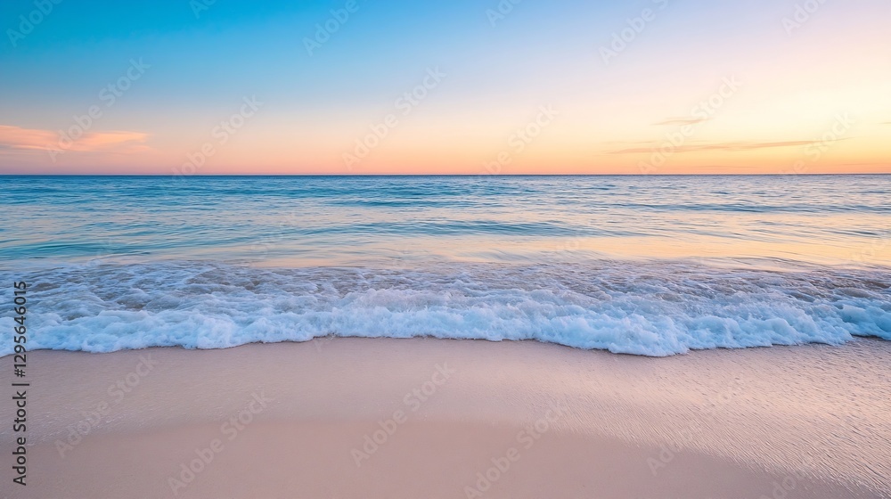 Fototapeta premium Tranquil Sunset Over Ocean Waves on Sandy Beach : Generative AI