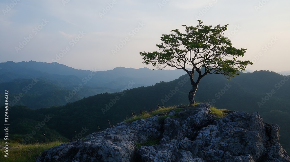 Isolated Tree on Rocky Hill Overlooking Scenic Mountains and Valleys at Dusk Capturing Natural Beauty and Solitude : Generative AI Isolated Tree on Rocky Hill Overlooking Scenic Mountains and Valleys at Dusk Capturing Natural Beauty and Solitude : Generative AI