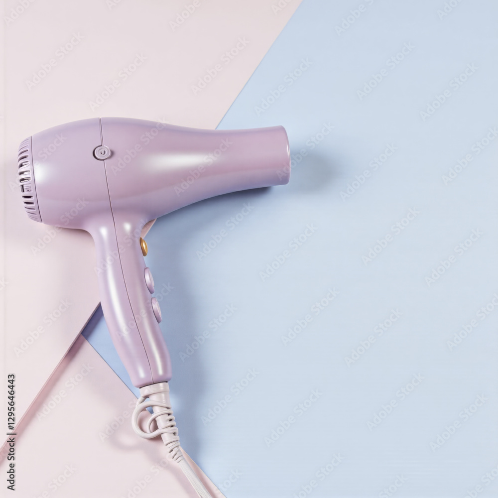 Fototapeta premium Pastel purple hairdryer with white cord, a perfect example of popular women product. Women goods for beauty routine. Female goods offering style and practicality with soft pastel tones.