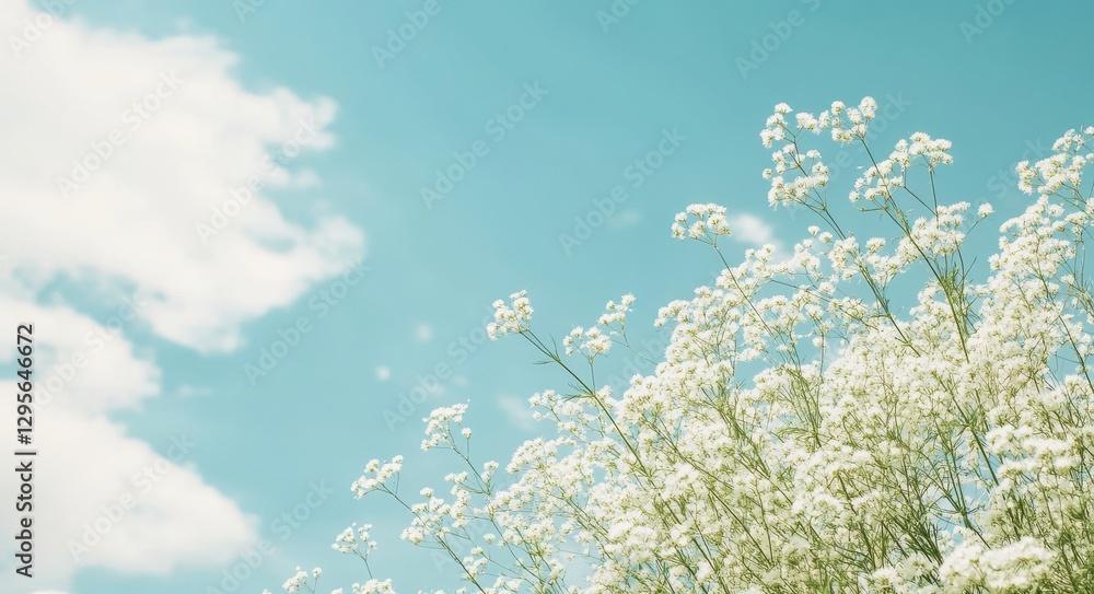 A picturesque spring background image features gentle natural light, a soft pink pastel color palette, and small fluffy flowers against a blue sky with clouds, complemented by a border of wildflowers A picturesque spring background image features gentle natural light, a soft pink pastel color palette, and small fluffy flowers against a blue sky with clouds, complemented by a border of wildflowers
