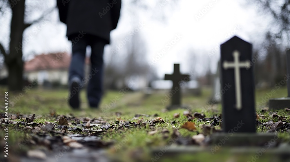 Somber Scene of a Person Walking in a Cemetery Surrounded by Tombstones and Fall Leaves : Generative AI Somber Scene of a Person Walking in a Cemetery Surrounded by Tombstones and Fall Leaves : Generative AI