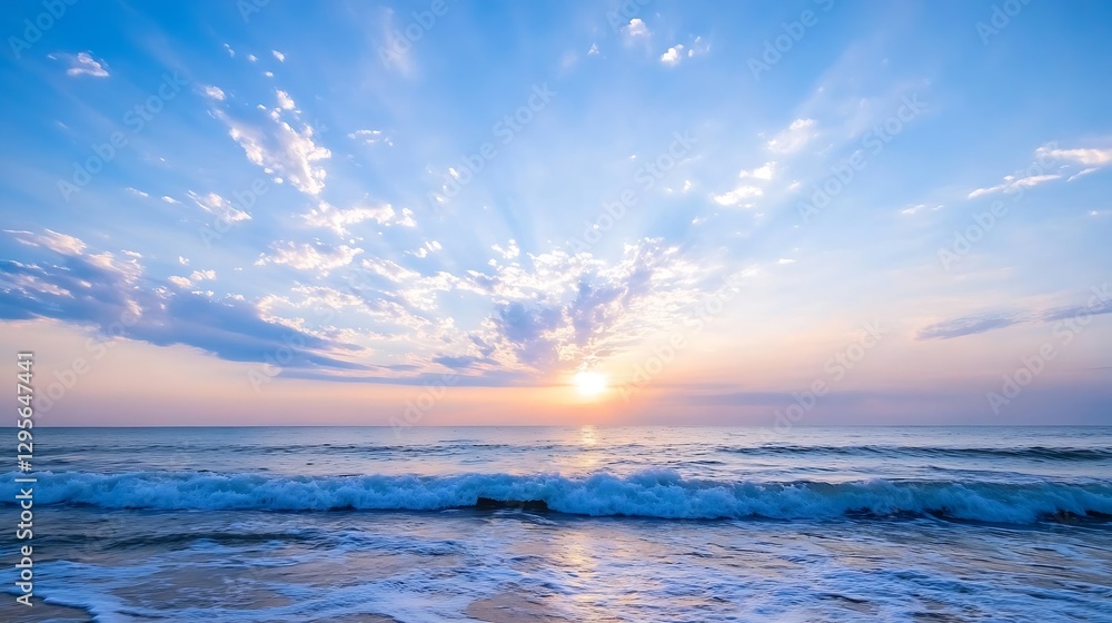 Obraz premium Stunning beach sunset with rays of sunlight breaking through clouds reflecting in the ocean waves : Generative AI