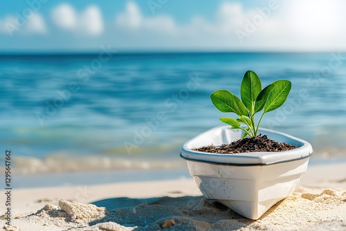 Energy stock growth green investment. A small plant grows in a boat on a sandy beach by the ocean.