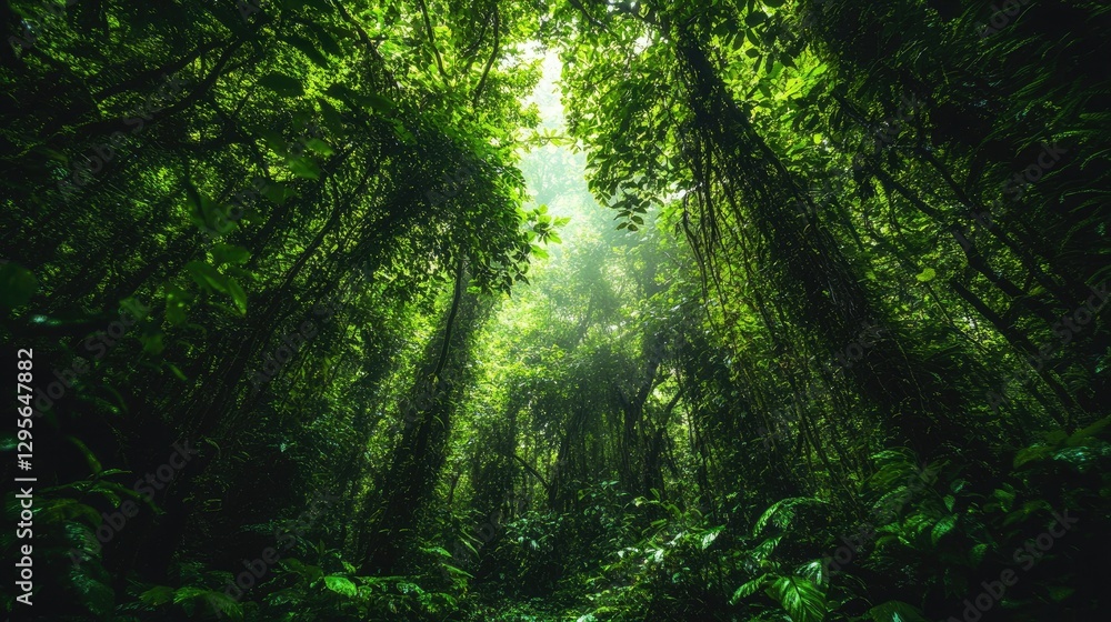 A thick, green jungle with towering trees and vines hanging down from the canopy. A thick, green jungle with towering trees and vines hanging down from the canopy.