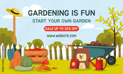 Gardening is fun banner. Scene with fresh vegetables, wooden crate of fruits, fertilizer bags, watering can and wheelbarrow. Rural landscape. Farming market sale concept. Flat vector illustration.