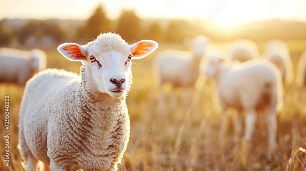 Obraz premium Charming Sheep in Golden Meadow During Sunset with Flock in Background Offering a Peaceful Farm Scene : Generative AI
