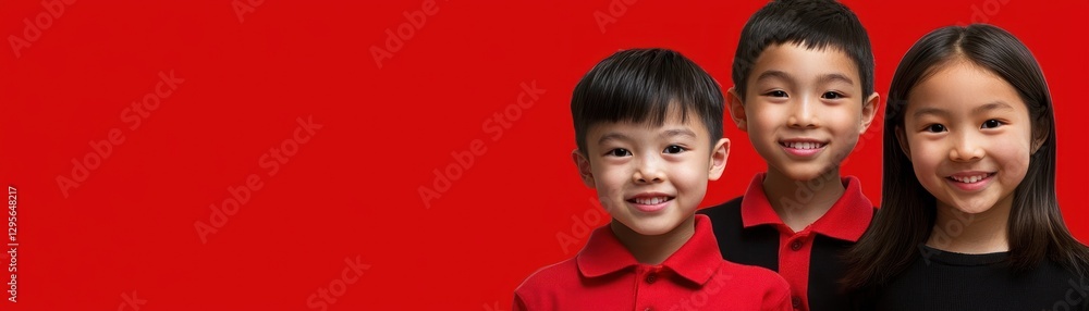 Children smiling in front of red background. Stock photo Children smiling in front of red background. Stock photo