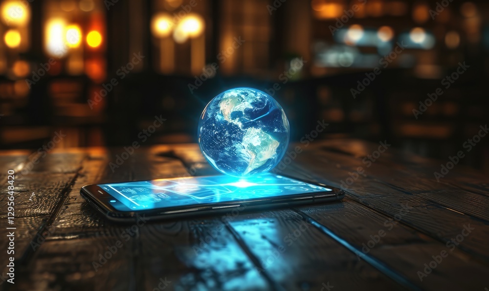 Digital earth hovers above a smartphone displaying data on a dark wooden surface.