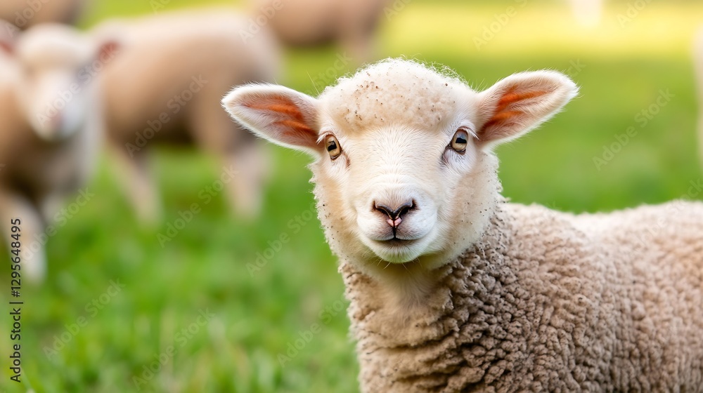 Cute Little Sheep Smiling and Grazing in a Lush Green Meadow Under Bright Sunshine : Generative AI Cute Little Sheep Smiling and Grazing in a Lush Green Meadow Under Bright Sunshine : Generative AI