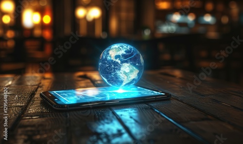 Obraz na płótnie Digital earth hovers above a smartphone displaying data on a dark wooden surface. w salonie