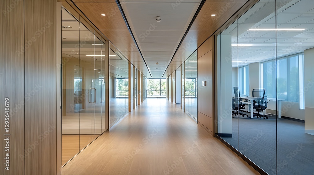 Bright and Inviting Office Corridor with Glass Walls and Natural Lighting from Large Windows : Generative AI Bright and Inviting Office Corridor with Glass Walls and Natural Lighting from Large Windows : Generative AI