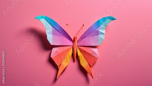  a vibrant origami butterfly showcasing a spectrum of colors against a soft pink background