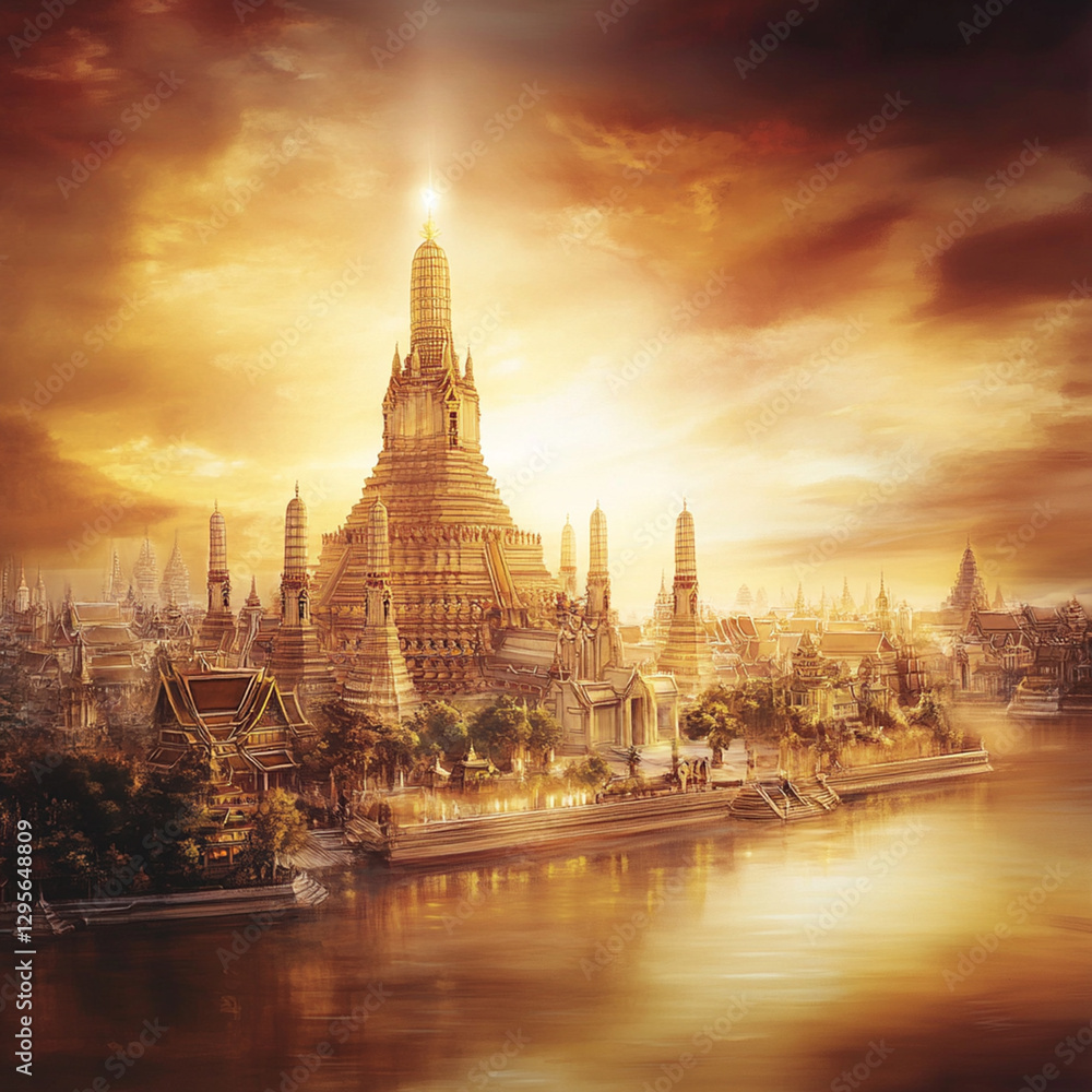 Naklejka premium Thai Temple by the River at Night