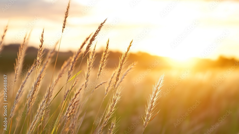 Obraz premium Golden sunlight illuminating tall grass in a serene field at sunset : Generative AI