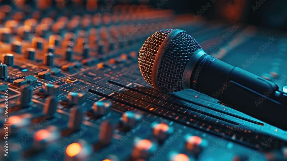 Microphone rests on a sound mixing console