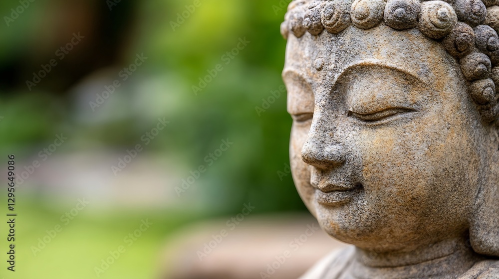 Serene close up of an ancient stone Buddha statue exuding tranquility in a lush garden setting : Generative AI Serene close up of an ancient stone Buddha statue exuding tranquility in a lush garden setting : Generative AI