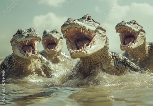 Group of crocodiles emerging from muddy water with open mouths showing sharp teeth against a cloudy sky, capturing a wild and thrilling moment in nature