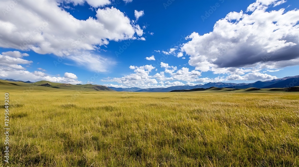 Spacious golden grass field under vibrant blue sky with fluffy clouds creating an open landscape : Generative AI Spacious golden grass field under vibrant blue sky with fluffy clouds creating an open landscape : Generative AI