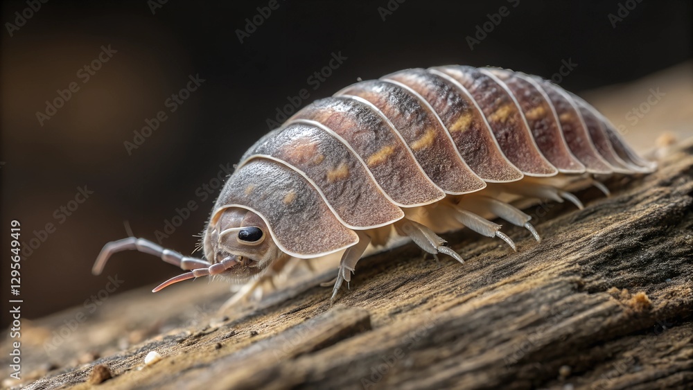Giant Isopod Close-up: A detailed macro photograph of a giant isopod, showcasing its segmented body, numerous legs, and antennae, crawling on a weathered piece of wood. Giant Isopod Close-up: A detailed macro photograph of a giant isopod, showcasing its segmented body, numerous legs, and antennae, crawling on a weathered piece of wood.