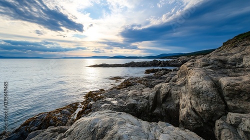 Scenic coastal view with rocky shoreline and dramatic sky during sunset : Generative AI