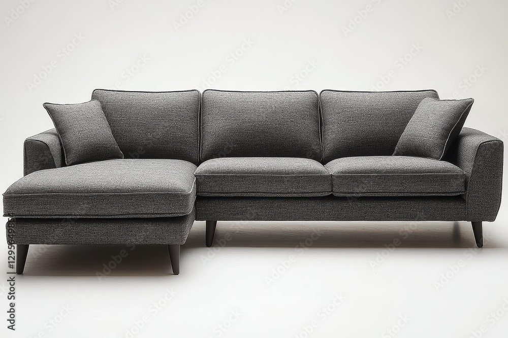 Modern gray fabric sofa with armrests and L-shaped chaise longue, straight-line design and dark wood legs, minimalist style on white background. Modern gray fabric sofa with armrests and L-shaped chaise longue, straight-line design and dark wood legs, minimalist style on white background.