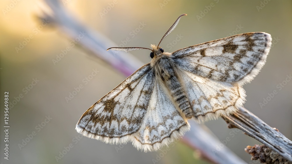 Obraz premium Moth on a Branch: Delicate details of a moth perched on a branch, showcasing intricate wing patterns and natural textures.
