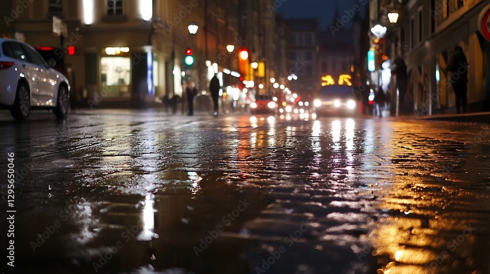 Naklejka premium Rainy Night Street Scene with Reflections and Traffic Lights : Generative AI