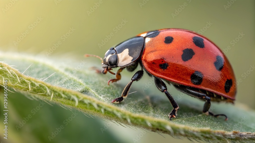 Naklejka premium Ladybug on Leaf: An eye-level, close-up capture of a vibrant ladybug with its iconic red and black spotted shell, delicately perched on a lush green leaf, presenting the beauty of nature.