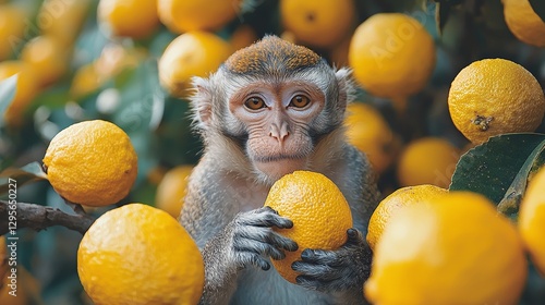 A monkey sitting on top of a tree holding a bunch of oranges