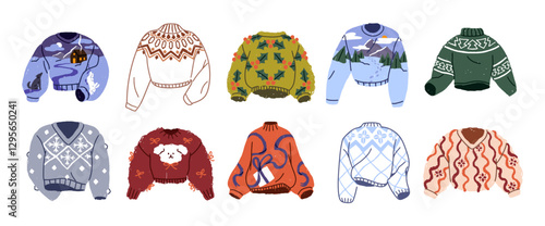 Set of ugly sweaters with different Christmas patterns. Designs of Xmas jumpers, tacky clothes for winter holiday. Cozy warm knitted pullovers. Flat isolated vector illustrations on white background