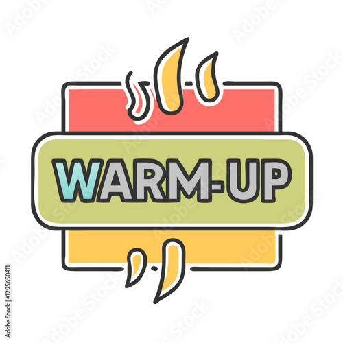 Warm Up label with colorful background and flames