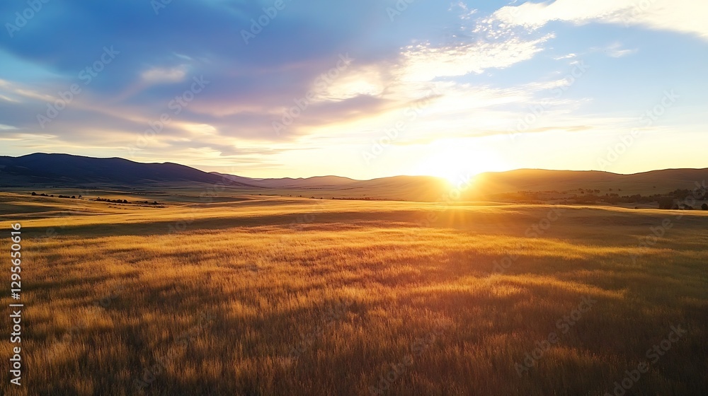 Fototapeta premium Stunning Sunset Over Golden Fields Under Bright Sky in Tranquil Landscape : Generative AI