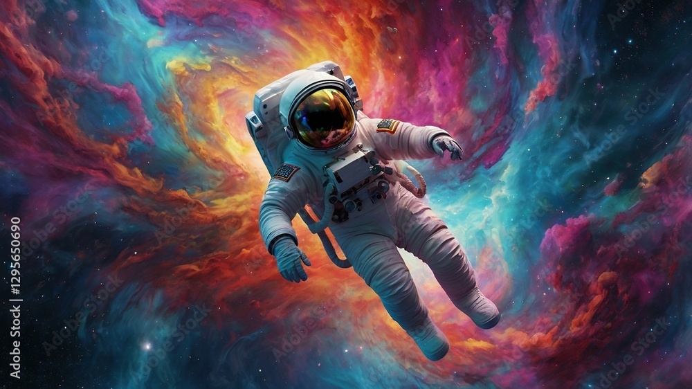 Obraz premium Astronaut Floating in Colorful Cosmic Nebula – Surreal Space Adventure