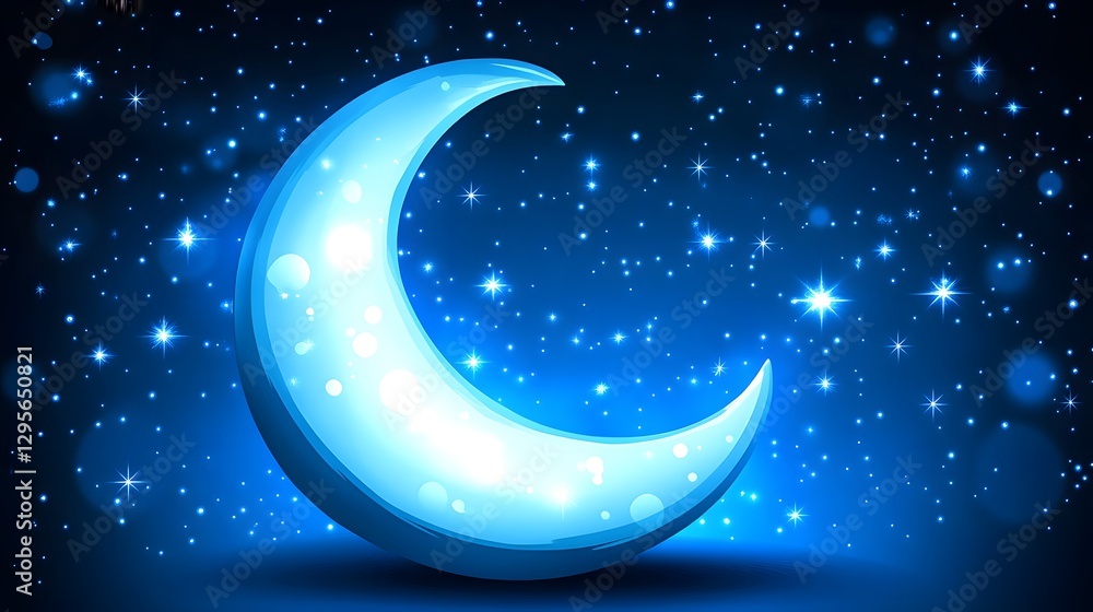 Fototapeta premium A glowing crescent moon surrounded by sparkling stars in a deep blue night sky