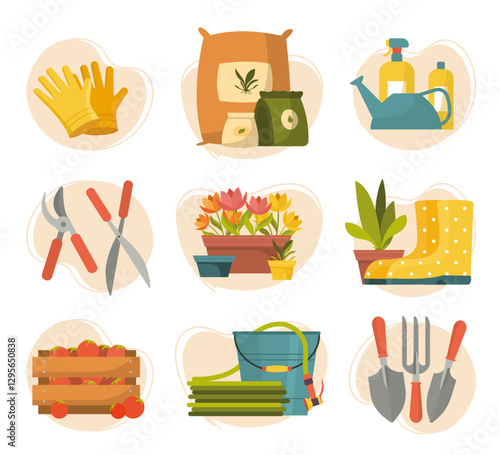Collection of hand drawn gardening essentials. Yellow gloves, pruning shears, flower pots, watering can, fertilizers, rubber boots, hose, shovel and harvest crate. Farming concept. Vector illustration