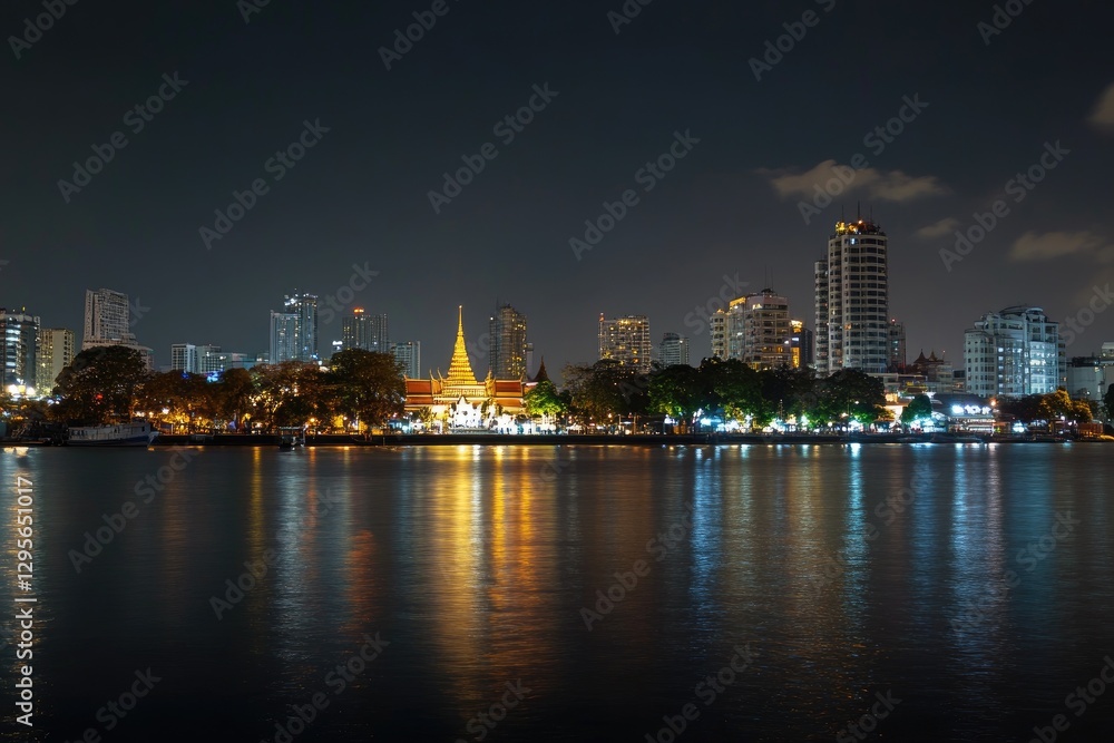 Bangkok Riverfront Pagoda Night Reflection Bangkok Riverfront Pagoda Night Reflection