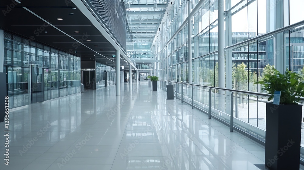 Obraz premium Modern Glass Hallway Inside Contemporary Business Building with Natural Light : Generative AI