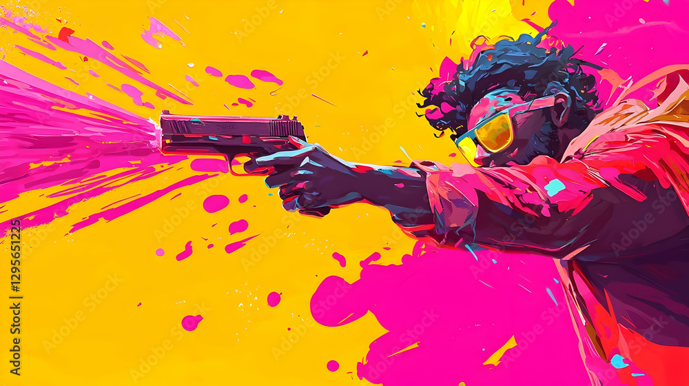 Obraz premium Dynamic Action Illustration of a Shooter with Colorful Background