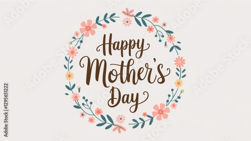 Happy Mothers Day greeting card design with floral wreath, elegant typography, spring flowers, celebration, love, special day, family appreciation.