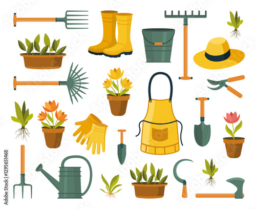 Set of gardening tools, potted plants, gloves, apron, watering can, rake, shovel and hat. Hand drawn design element collection. Farming tool for growing spring organic plants. Flat vector illustration