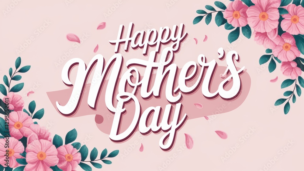 Naklejka premium Happy Mothers Day greeting card design with floral decorations, pink background, and elegant typography for celebrating moms and maternal love.