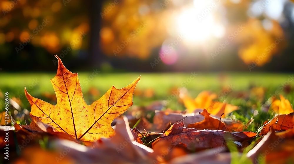 Golden Autumn Leaves on the Ground with Sunlight Filtering Through Trees : Generative AI Golden Autumn Leaves on the Ground with Sunlight Filtering Through Trees : Generative AI