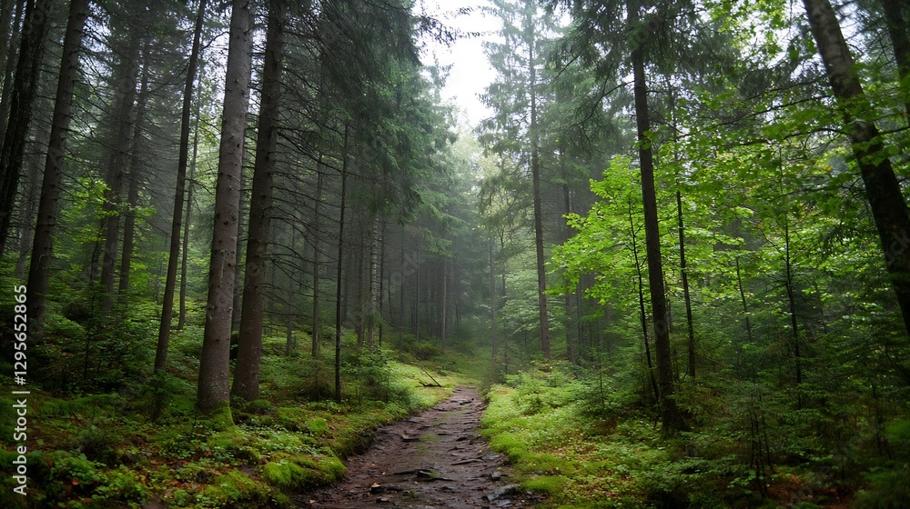 Obraz premium Serene forest path leading through tall trees and lush greenery in a peaceful natural landscape : Generative AI