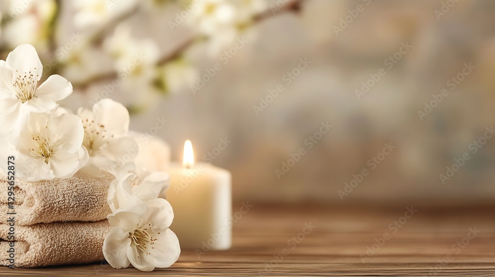 Spa setting with white towels flowers and scented candles for relaxation and soothing ambiance : Generative AI Spa setting with white towels flowers and scented candles for relaxation and soothing ambiance : Generative AI