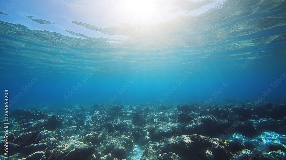 Obraz premium Underwater scene with sun rays illuminating ocean floor and coral reef environment : Generative AI