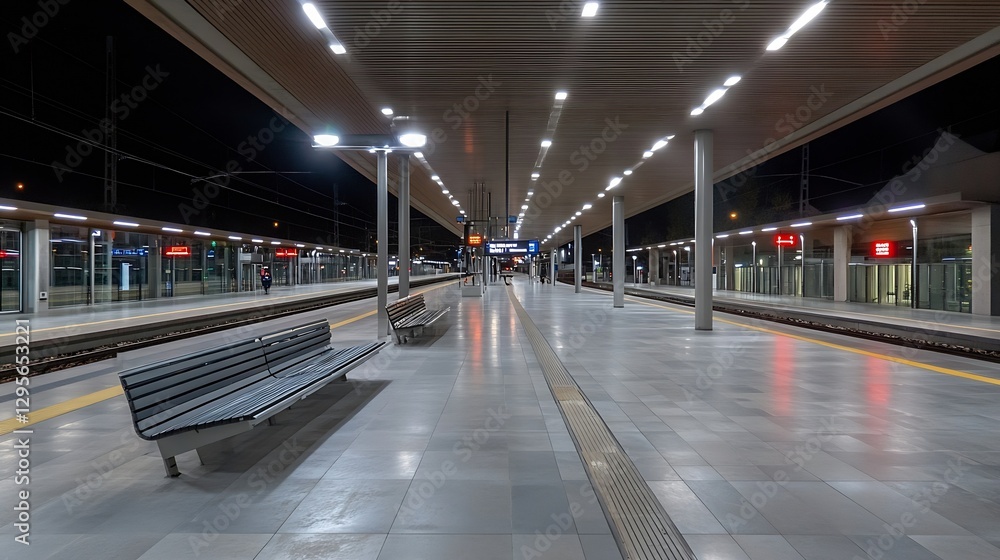 Spacious modern train station platform at night with bright lights and empty benches creating a calm atmosphere : Generative AI Spacious modern train station platform at night with bright lights and empty benches creating a calm atmosphere : Generative AI