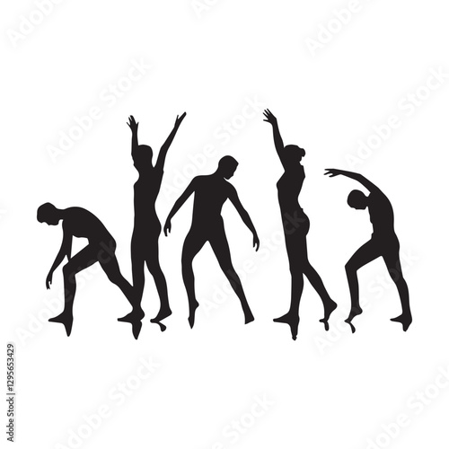 A white background with silhouettes of people performing various stretching and flexibility poses