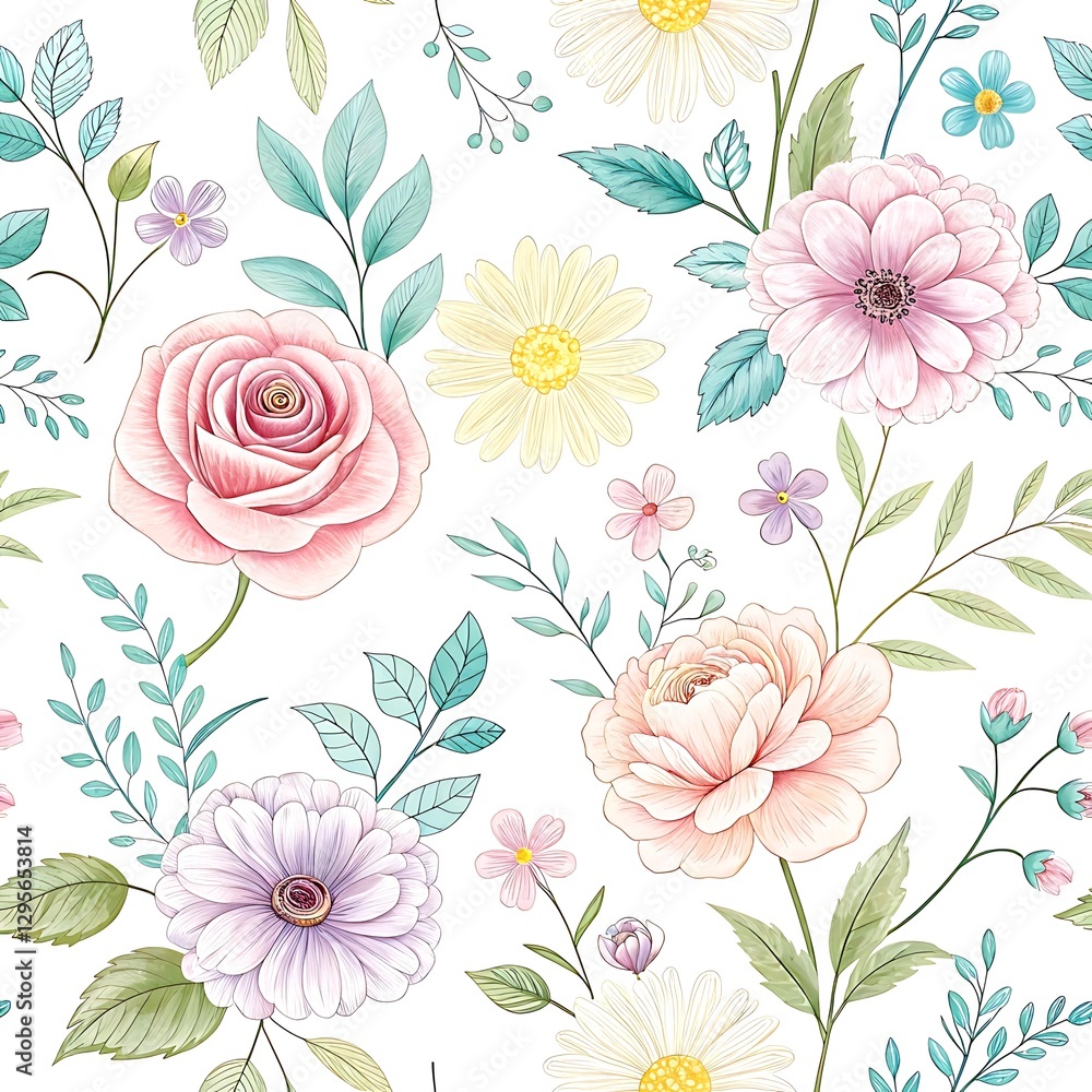 Pastel floral seamless pattern with roses and daisies delicate design for spring summer fashion textile Pastel floral seamless pattern with roses and daisies delicate design for spring summer fashion textile