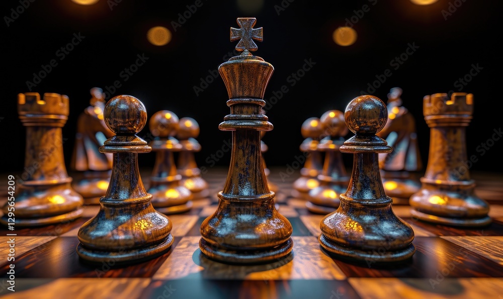 Dramatic close-up shows a chess king surrounded by pawns and rooks on a dark wooden board.