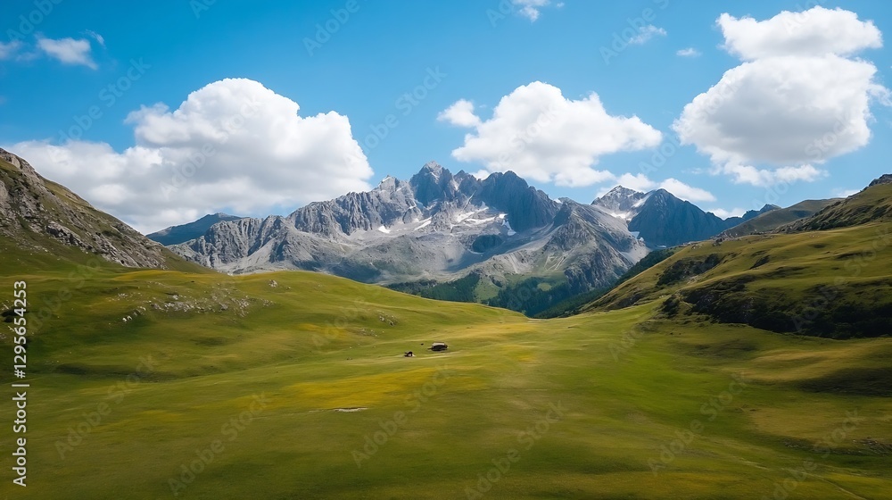 Fototapeta premium Breathtaking panoramic view of mountain peaks and lush green fields under a clear blue sky : Generative AI